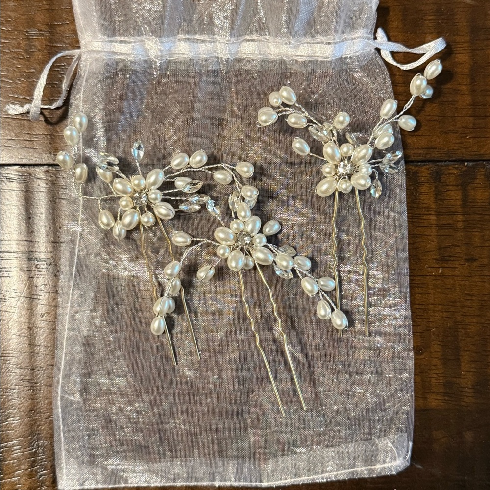 Pearl & Rhinestone Bridal Hair Pins - Set of 3